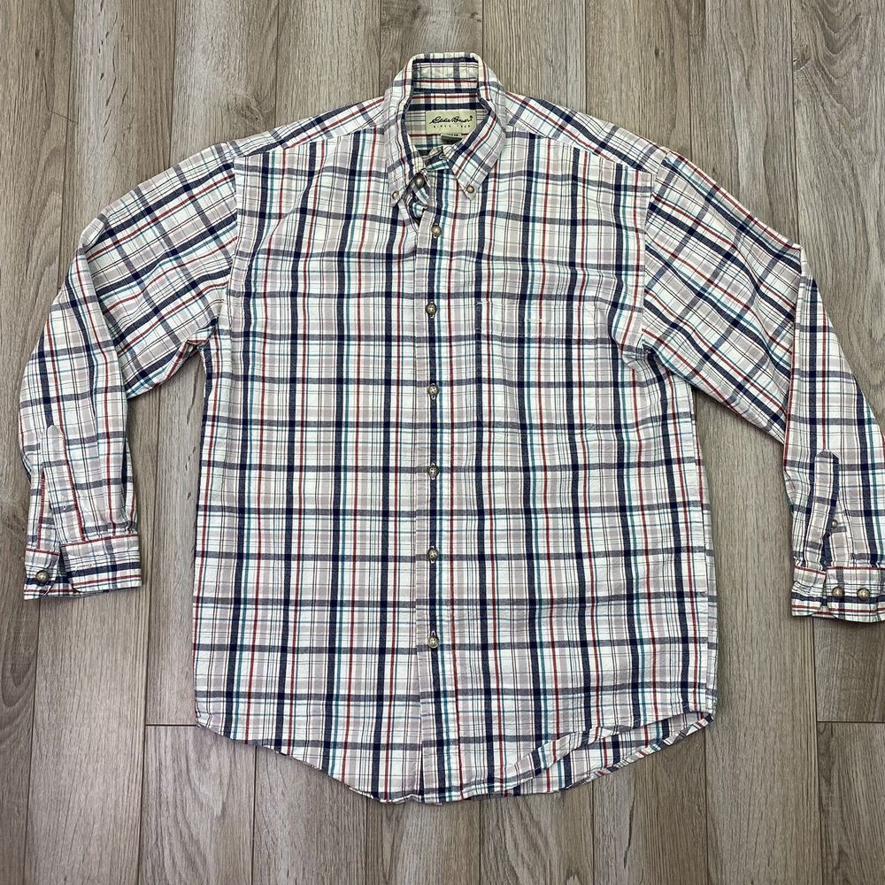 Eddie Bauer Mens Button‎ down Shirt Small White Blue Red Plaid Long Sleeve